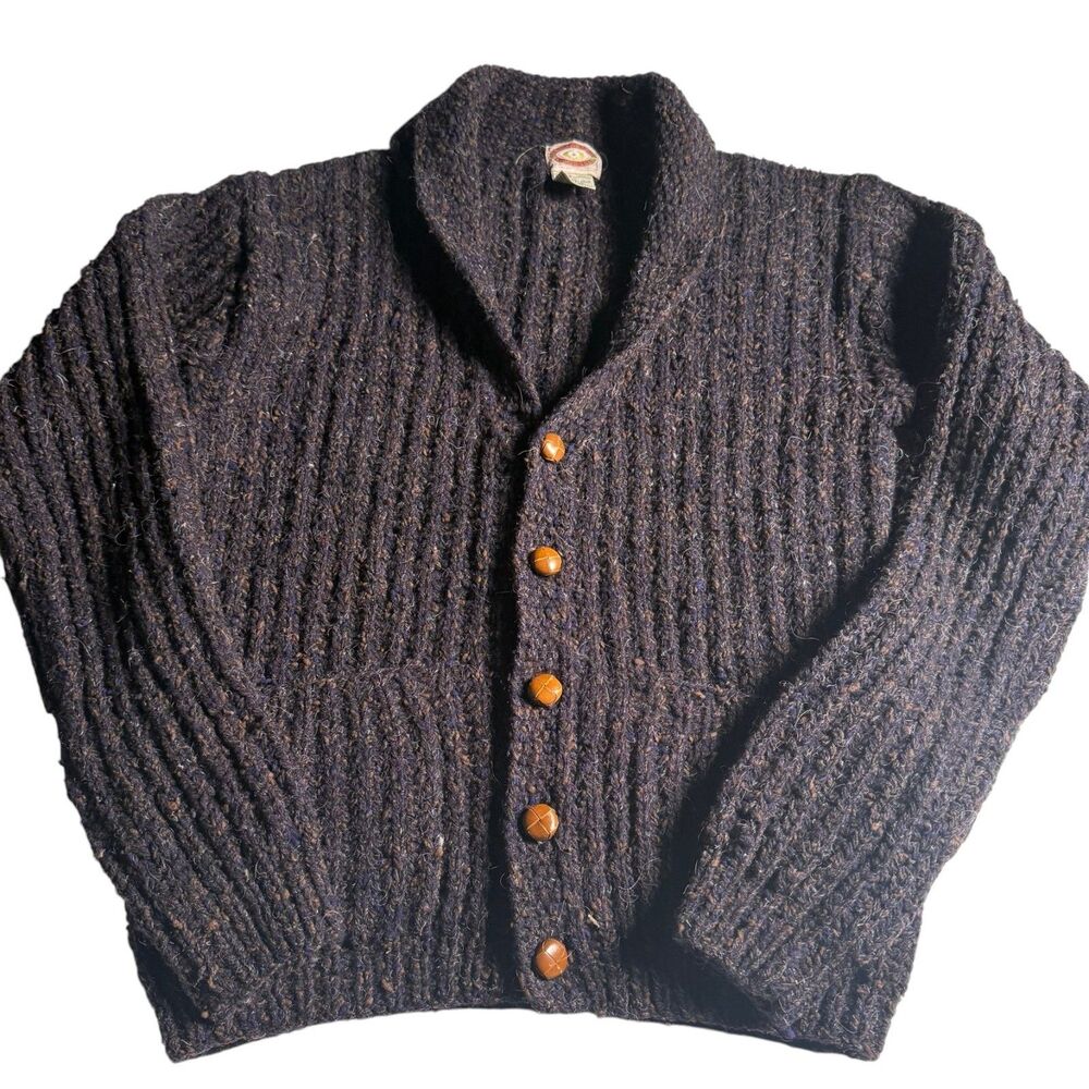 Vintage 1980s Banana Republic Men’s L Hand Knit 100% Wool Shawl Collar Cardigan